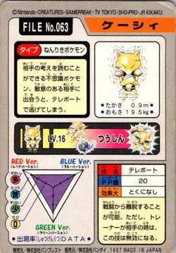 1997 Abra No.063 Carddass Japanese BANDAI Pocket Monsters. Damaged - Image 2