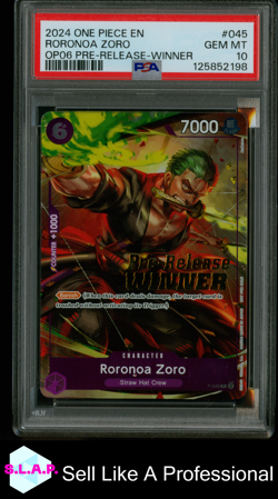 RORONOA ZORO OP06 PRE-RELEASE-WINNER ONE PIECE PROMOS 2024 045 PSA 10 - Image 1