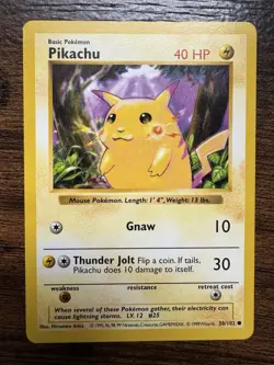 Red Cheeks Pikachu Base Set Shadowless Unlimited Common Card 58/102, WOTC 1999 - Image 1
