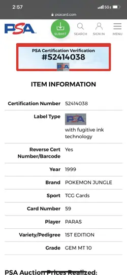 1999 pokemon jungle 1st Edition Paras PSA 10 - Image 3