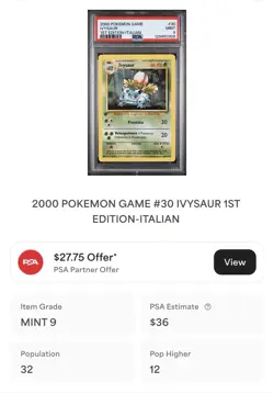 POKEMON PSA 9 IVYSAUR 30/102 SET BASE 1st PRIMA EDIZIONE ITALIANO 2000 LOW POP! - Image 4