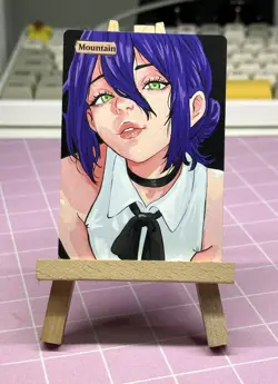 Hand Painted Altered Art Mtg land card Anime Mountain Girl - Image 1