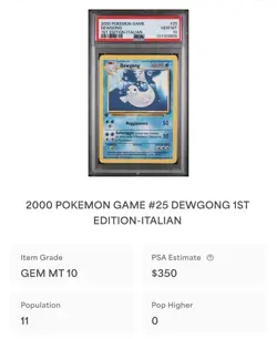 POKEMON PSA 10 DEWGONG 25/102 SET BASE 1st PRIMA EDIZIONE ITALIANO 2000 POP 11! - Image 4