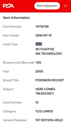 2000 Pokemon 1ST EDITION Here Comes Team Rocket! #15 PSA 10 GEM MINT - Image 4