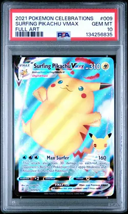 2021 POKEMON CELEBRATIONS #009 FULL ART/SURFING PIKACHU VMAX PSA 10 - Image 1