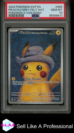 PIKACHU GREY FELT HAT POKEMON X VAN GOGH 2023 SVP ENGLISH BROKEN CASE PSA 10 - Image 1