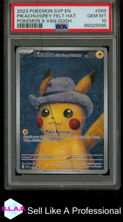 PIKACHU GREY FELT HAT POKEMON X VAN GOGH 2023 SVP ENGLISH BROKEN CASE PSA 10 - Image 1