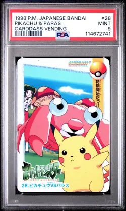 PSA 9 2025 CERT POP 18 PIKACHU & PARAS 1998 POKEMON JPN BANDAI CARDDASS #28 - Image 1