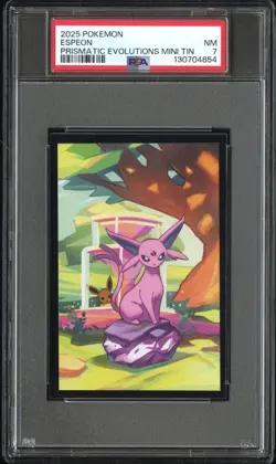 2025 POKEMON PRISMATIC EVOLUTIONS MINI TINS ESPEON PSA 7 - Image 1