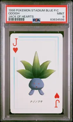 1998 Pokemon Stadium Blue Playing Card Oddish Jack of Hearts PSA 9 Mint - Image 1