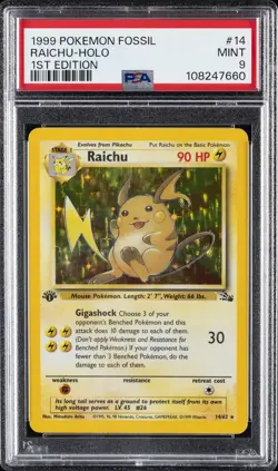 1999 POKEMON FOSSIL 1ST ED #14 RAICHU-HOLO PSA 9 - Image 1