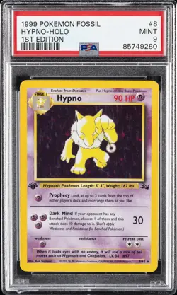 1999 POKEMON FOSSIL 1ST ED #8 HYPNO-HOLO PSA 9 - Image 1