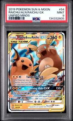 2019 POKEMON SUN & MOON UNIFIED MINDS #54 RAICHU & ALOLAN RAICHU GX PSA 9 - Image 1