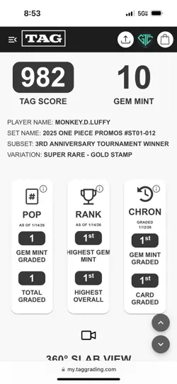 2025Monkey D Luffy 3rd Anniversary Winner ST01-012 SR One Piece 982🔥 TAG GEM 10 - Image 3