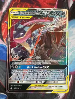 Pokemon Unbroken Bonds Greninja & Zoroark GX Holo Card 107/214 - Image 1