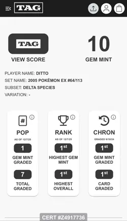 TAG 10 (#1 Ranked) Ditto [Squirtle] 2005 EX Delta Species 64/113 Pokemon Card - Image 3
