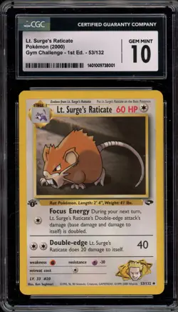 Pokemon Lt. Surge's Raticate Gym Challenge 1st Edition #53 CGC 10 Gem Mint - Image 1