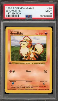 Pokemon Growlithe Base Set Shadowless 1st Edition #28 PSA 9 Mint - Image 1