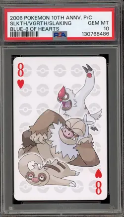 Pokemon 10th Ann. Playing Cards Slakoth/Vigoroth/Slaking Blue 8 of Hearts PSA 10 - Image 1