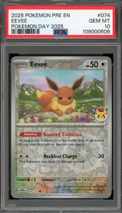 Pokemon Eevee 2025 Pokemon Day Prismatic Evolutions Reverse Holo #074 PSA 10 - Image 1