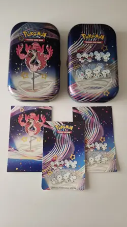 Pokemon SV Paldean Fates 2 Mini Tins Empty Flamigo Maushold Sticker Art - Image 1