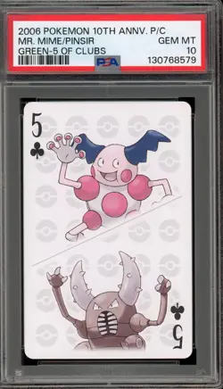 Pokemon 10th Ann. Playing Cards Mr. Mime/Pinsir Green 5 of Clubs PSA 10 Gem Mint - Image 1