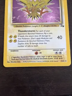 Pokemon TCG Zapdos Holo Rare Card 15/62 Fossil Base Set, Vintage 1999 LP WOTC - Image 3