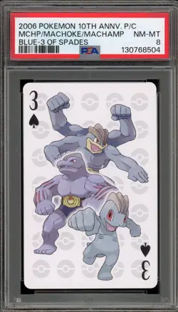 Pokemon 10th Ann. Playing Cards Machamp/Machoke/Machop Blue 3 of Spades PSA 8 - Image 1