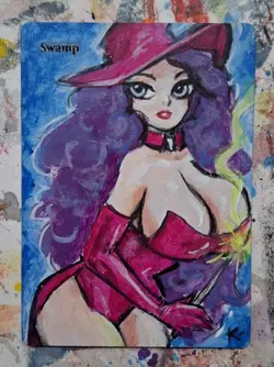 Altered MtG Hand Painted Swamp Witch One Of A Kind Anime Girl - Image 1