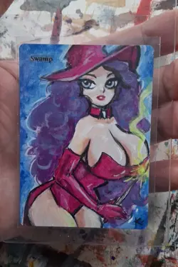 Altered MtG Hand Painted Swamp Witch One Of A Kind Anime Girl - Image 2