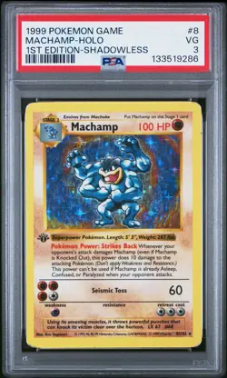 1999 POKEMON GAME 1ST ED-SHADOWLESS #8 MACHAMP-HOLO PSA 3 - Image 1