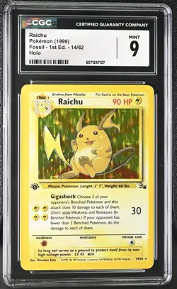 CGC 9 MINT ✨ - Raichu 14/62 Fossil 1st Edition Holo - 1999 Pokemon - Image 1