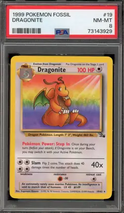 Pokemon Dragonite Fossil Unlimited NON Holo Rare #19 PSA 8 - Image 1