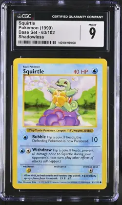 Shadowless Squirtle 1999 Base Set 63/102 Pokemon Card - CGC 9 MINT - Image 1