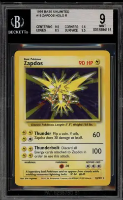Pokemon Zapdos Base Set Unlimited Holo Rare #16 BGS 9 Mint - Image 1