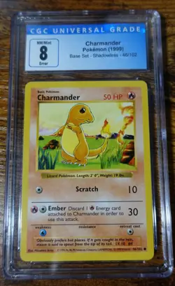 Charmander 46/102 Shadowless CGC 8 Insufficient Ink Error Pokemon Card % - Image 1
