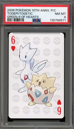 Pokemon 10th Ann. Playing Cards Togepi/Togetic Green 6 of Hearts PSA 8 - Image 1