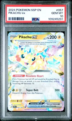 2024 POKEMON SSP EN-SURGING SPARKS #057 PIKACHU EX PSA 10 - Image 1