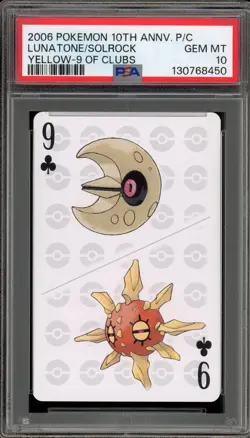 Pokemon 10th Ann. Playing Cards Lunatone/Solrock Yellow 9 of Clubs PSA 10 - Image 1