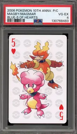 Pokemon 10th Ann. Playing Cards Magby/Magmar Blue 5 of Hearts PSA 4 - Image 1
