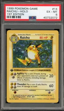 Pokemon Raichu Base Set Shadowless 1st Edition Holo Rare #14 PSA 6 - Image 1