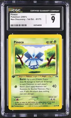 CGC MINT 9 Pokemon Pineco 61/75 2001 Neo Discovery 1st Edition - Image 1
