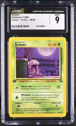 CGC MINT 9 Pokemon Grimer 48/62 1999 Fossil 1st Edition - Image 1