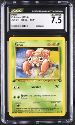CGC NM+ 7.5 Pokemon Paras 59/64 1999 Jungle 1st Edition - Image 1