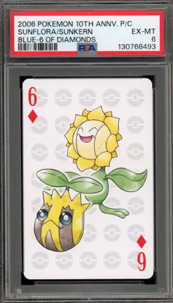 Pokemon 10th Ann. Playing Cards Sunflora/Sunkern Blue 6 of Diamonds PSA 6 - Image 1