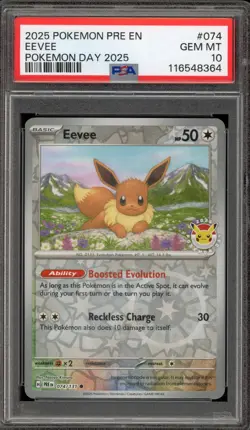 Pokemon Eevee 2025 Pokemon Day Prismatic Evolutions Reverse Holo #074 PSA 10 - Image 1