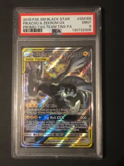 PSA 9, Pokemon 2019 Pikachu & Zekrom GX SM168 Tag Team Black Star Promo - Image 1