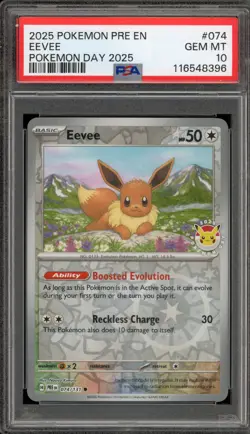 Pokemon Eevee 2025 Pokemon Day Prismatic Evolutions Reverse Holo #074 PSA 10 - Image 1