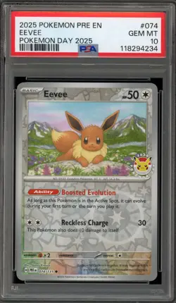 Pokemon Eevee 2025 Pokemon Day Prismatic Evolutions Reverse Holo #074 PSA 10 - Image 1