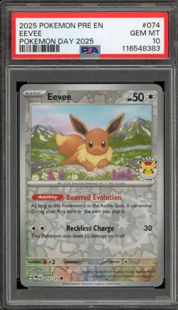 Pokemon Eevee 2025 Pokemon Day Prismatic Evolutions Reverse Holo #074 PSA 10 - Image 1